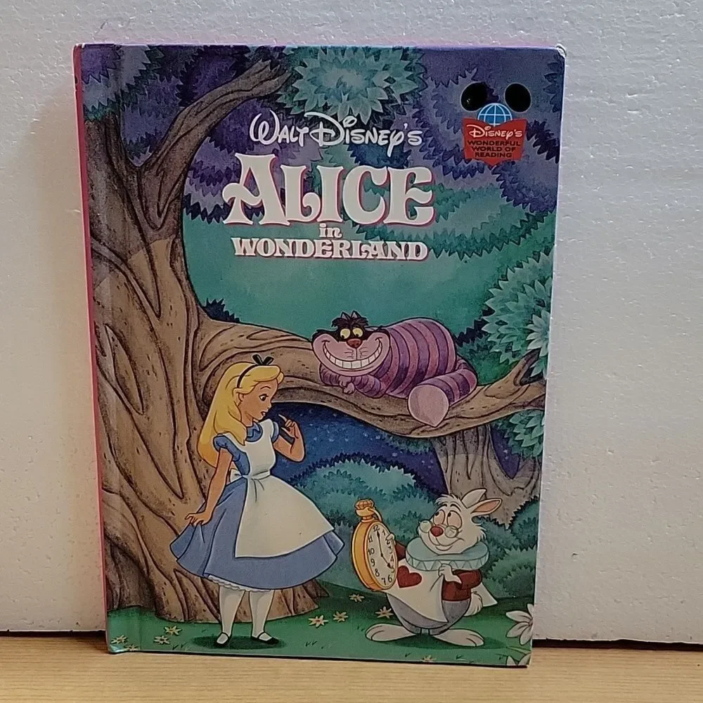 Alice in Wonderland 1 vhs 1 dvd movie, 1 book, Happy‎ Meal Toy, Stickers, Pin
